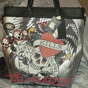 Ed Hardy Love Kills Slowly Black and Silver Skull Tote Backpack Brand New